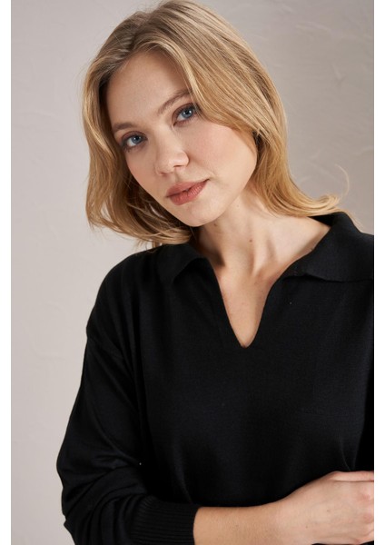 Kadın Siyah Gömlek Yaka Basic Triko Kazak modelleri