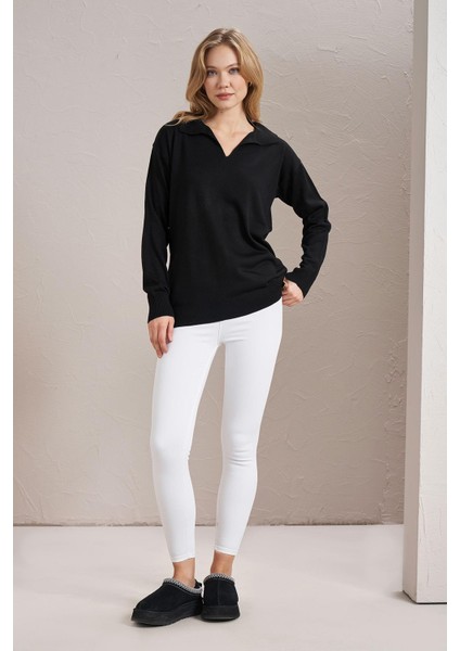 Kadın Siyah Gömlek Yaka Basic Triko Kazak fırsatları