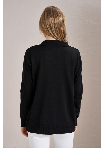 Kadın Siyah Gömlek Yaka Basic Triko Kazak indirimleri