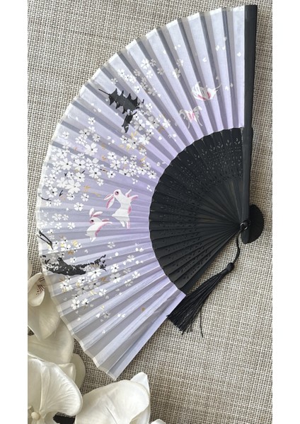 Yelpaze Mor Sakura Çiçekli Kumaş Bambu Yelpaze A509 fırsatları