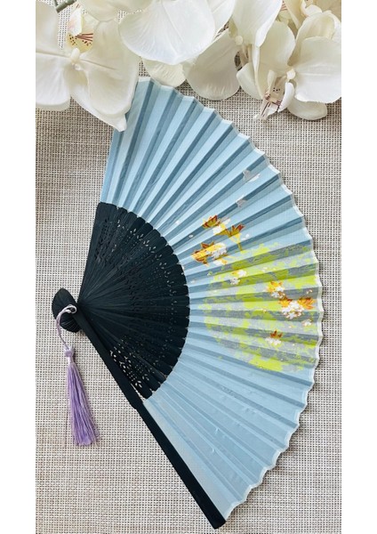 Şık Japon Kiraz Çiçekli Desenli Bambu Kumaş Yelpaze