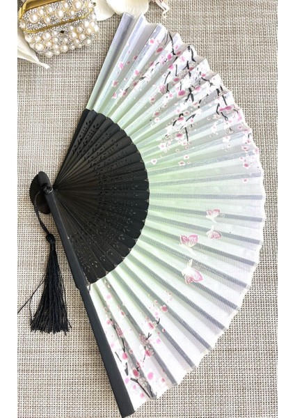 Yelpaze Sakura Çiçekli Pembe Bambu Kumaş Yelpaze A507