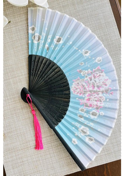 Yelpaze Mavi Pembe Sakura Çiçekli Bambu Kumaş