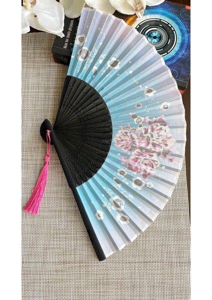 Yelpaze Mavi Pembe Sakura Çiçekli Bambu Kumaş