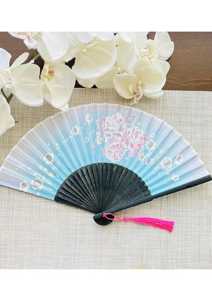 Yelpaze Mavi Pembe Sakura Çiçekli Bambu Kumaş