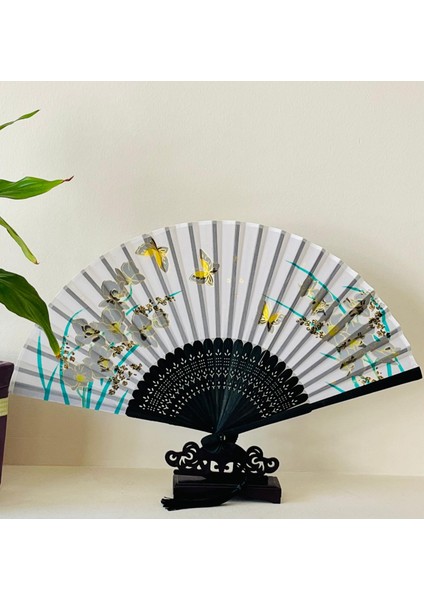 Yelpaze Gri Sakura Çiçekli Bambu Kumaş