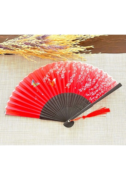 Kırmızı, Beyaz Çiçekli Desenli Bambu Şık Japon Yelpaze Lüks Özel Tasarım