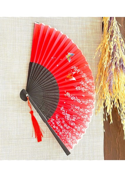 Kırmızı, Beyaz Çiçekli Desenli Bambu Şık Japon Yelpaze Lüks Özel Tasarım fiyatları