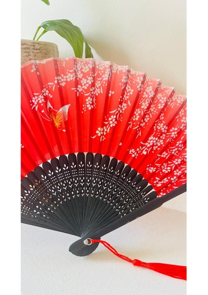 Kırmızı, Beyaz Çiçekli Desenli Bambu Şık Japon Yelpaze Lüks Özel Tasarım modelleri