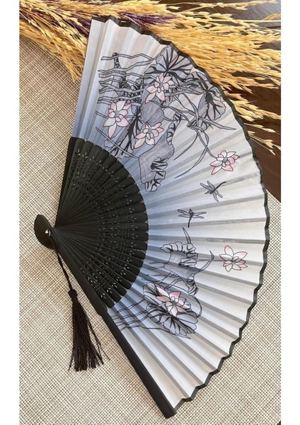 - Gri Yelpaze Bambu Ve Kumaş Sakura Çiçekli N111