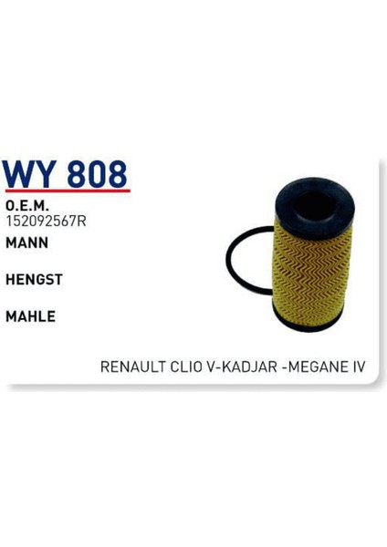 Wy808 Oem 152092567R Renault Clio V Kadjar Megane IV Yağ Filtre