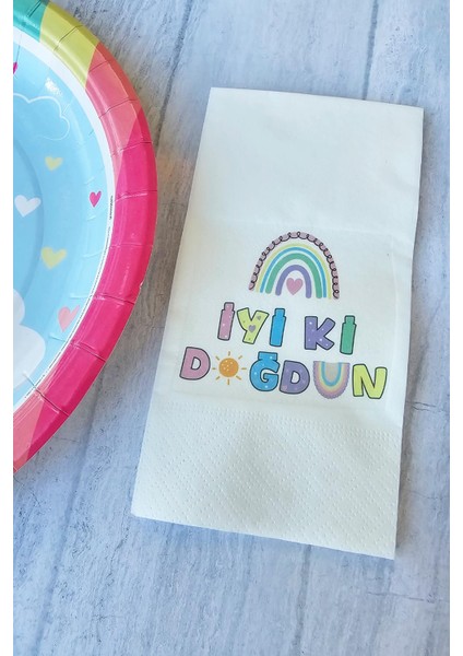 Gökkuşağı Konsept Baskılı Doğum Günü Peçetesi 20'li