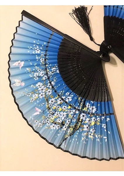 - Kumaş Bambu Vintage Gold Mavi Çiçek Desenli Şık Yelpaze