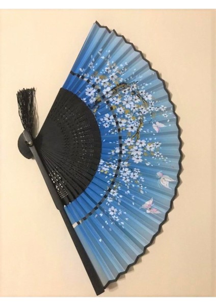 - Kumaş Bambu Vintage Gold Mavi Çiçek Desenli Şık Yelpaze fiyatları