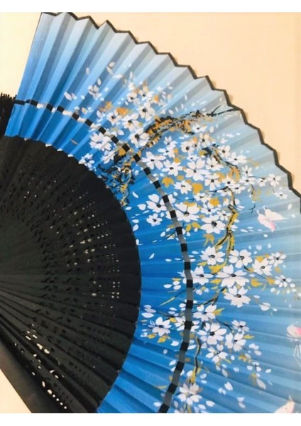 - Kumaş Bambu Vintage Gold Mavi Çiçek Desenli Şık Yelpaze fırsatları