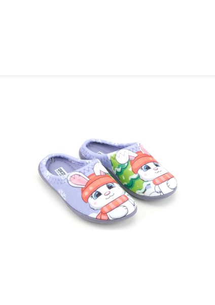 Kışlık Içi Pamuklu Rahat Taban Tavşan Desenli Kız Çocuk Ev Terliği