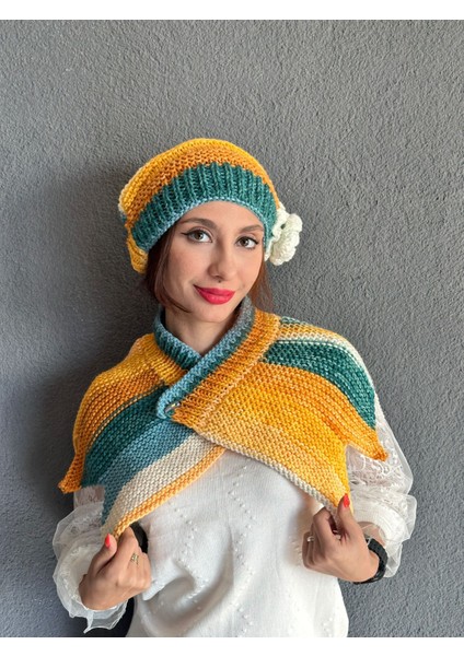 El Örgüsü Kadın Çiçekli Bere Boyunluk Takım Set