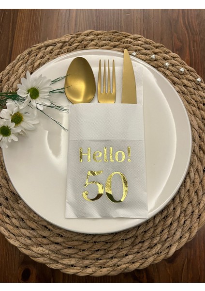 Gold Yaldızlı Beyaz Cepli Hello Elli Yaş Peçete 12 Adet 40X40
