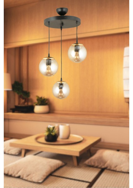 Sonsuz Sarkıt Tepsi Siyah 3'lü Bal Glop Top Camlı Düz Aşağı Bakan Lüks Avize