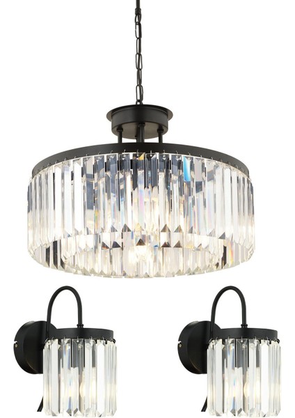 Kanvas 3 Parça Kristalli Taşlı Modern Tasarım Kristal Salon Avize-Aplik Seti