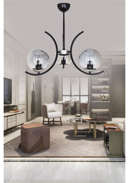 Oppo 3'lü Füme Rengi Glob Camlı Siyah Modern Sarkıt Avize Oturma Odası Salon