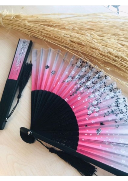 - Hediye Kese ile Bambu Pembe Çiçek Desenli Şık Japon Yelpaze Lüks A527