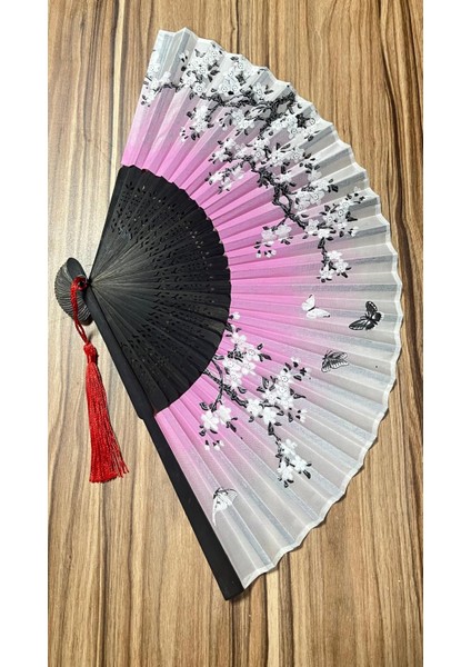- Bambu Pembe Çiçek Desenli Şık Japon Yelpaze Lüks Özel Tasarım A505A