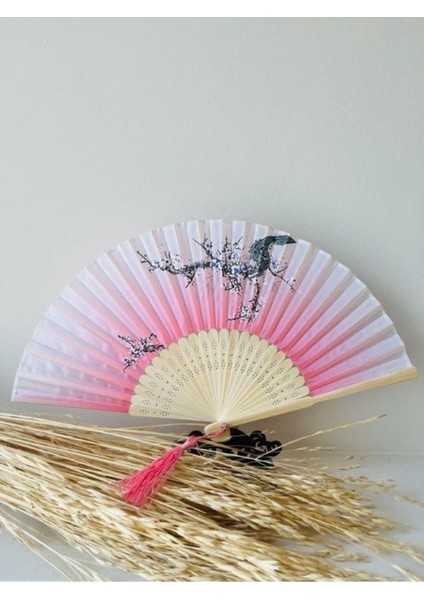 - Kaliteli Bambu Pembe Kiraz Çiçeği El Yapımı Desenli Şık Japon Yelpaze Lüks Özel Tasarım