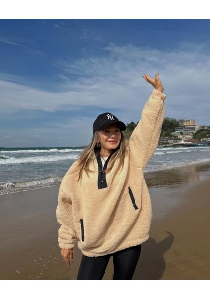 Kadın Oversize Kalıp Fermuarlı Dik Yaka Teddy Sweat
