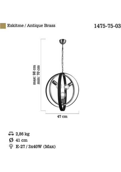 Tado 3 Lü Antik Lak/kahve Boyalı Avize 3 x E27 modelleri