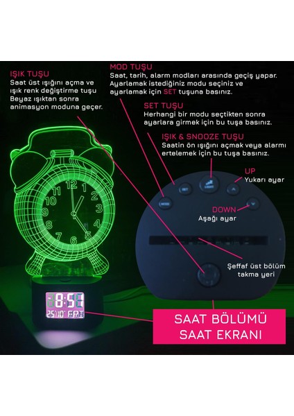 3D Illüzyonlu Rgb Işık Animasyonlu Çalar Masa Saati Gece Lambası