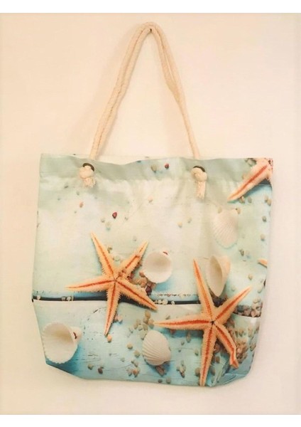 Yelpaze Hediyeli Fermuarlı Deniz Kabuğu Desenli Şık Plaj Çantası indirimleri