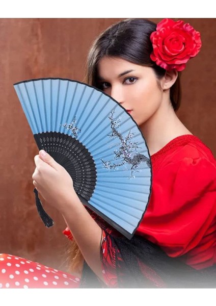 - Hediye Kutusu Ile Bambu Beyaz Çiçek Desenli Mavi Şık Japon Yelpaze Lüks Özel Tasarım