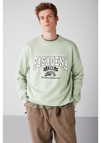 Waylen Erkek Regular Fit Kolej Baskılı Içi Polarlı Açık Yeşil Sweatshirt