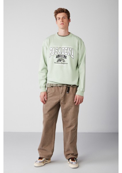 Waylen Erkek Regular Fit Kolej Baskılı Içi Polarlı Açık Yeşil Sweatshirt fiyatları