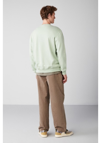 Waylen Erkek Regular Fit Kolej Baskılı Içi Polarlı Açık Yeşil Sweatshirt indirimleri