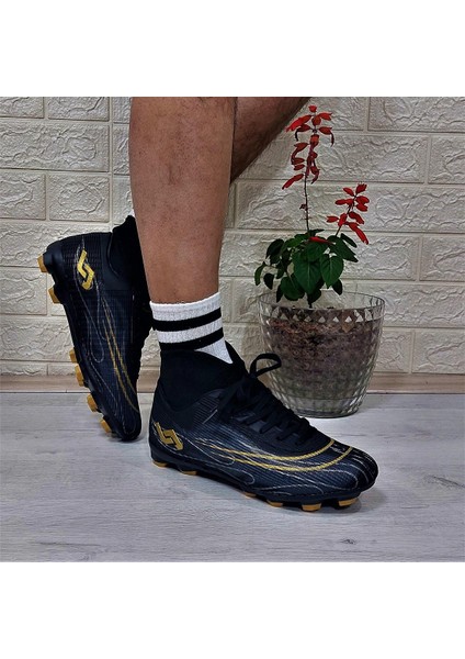 29676 Siyah-Altın Çoraplı Krampon Çimsaha Futbol Ayakkabı indirimleri