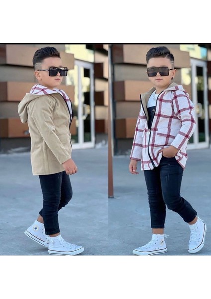 Asel Kids Çift Taraflı Gabardin Oduncu Trençkot, T-Shirt, Kot Pantalon Dahil 3’lü Takım