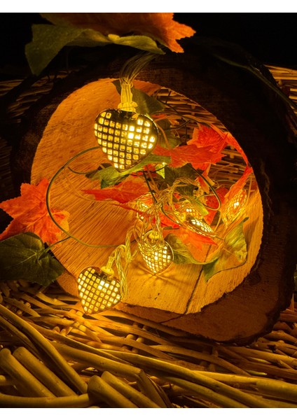 Osohome Romantik Sarı Kalp LED Işıklı Dize Metalik 10 Adet Kalp LED 3,15 cm Fişli