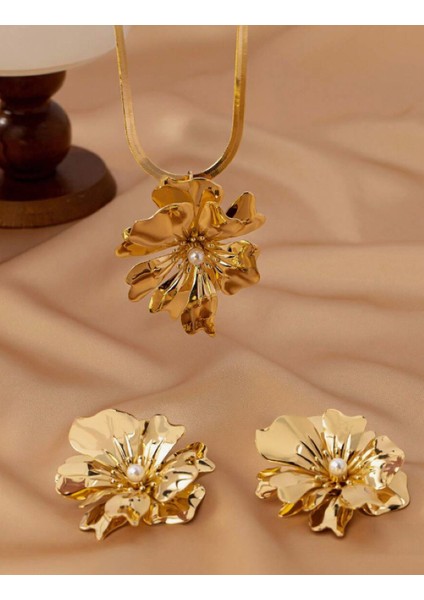 SE Jewellery Gold Inci Detaylı Şık Çiçek Kolye Küpe Set