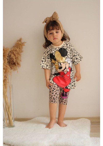 Minnie Baskılı Leopar Desenli Ikili Çoçuk Takım