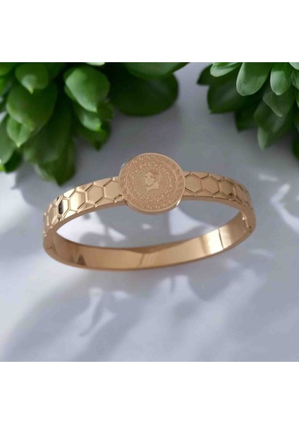 316L Çelik Gold Kararmaz Ata Lira Çeyrekli Kelepçe Bileklik