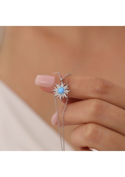 925 Ayar Gümüş Mavi Opal Taşlı Güneş Kolye