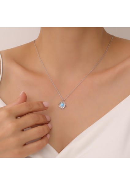 925 Ayar Gümüş Mavi Opal Taşlı Güneş Kolye modelleri