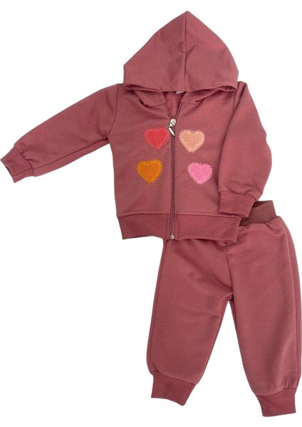 Kalp Desenli Fermuarlı Kapüşonlu Kız Çocuk Eşofman Takımı