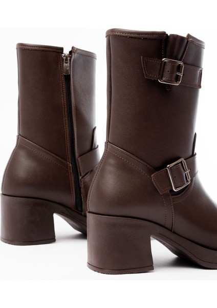 5109-3043 Kahverengi Toka Aksesuarlı Fermuarlı Kalın Topuklu Günlük Kadın Bot indirimleri