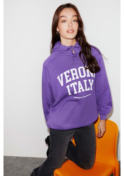 Verona Kadın Içi Polarlı Oversize Kalıp Mor Sweatshirt