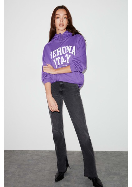 Verona Kadın Içi Polarlı Oversize Kalıp Mor Sweatshirt