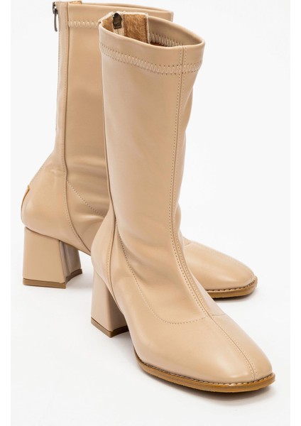 Sade Fermuarlı Streçli Kadın Topuklu Bot NUDE CİLT