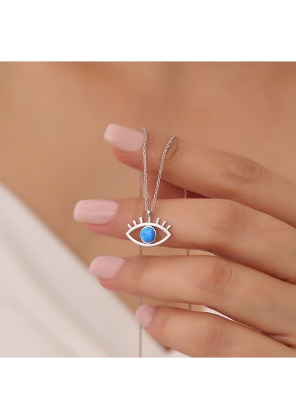 925 Ayar Gümüş Mavi Opal Taşlı Göz Kolye